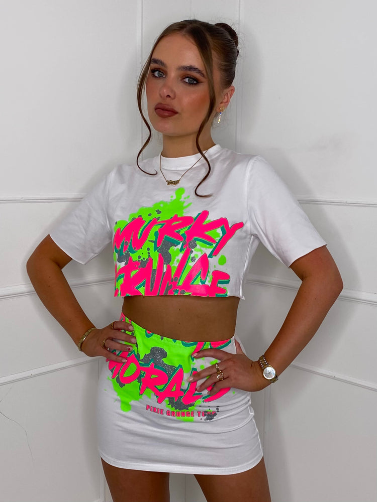 Green Splash Print T-Shirt Co-Ord - White