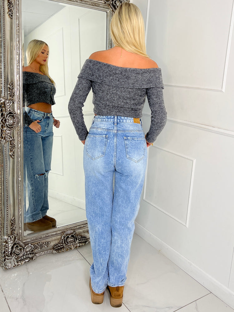 Heavy Rib Off Shoulder Top - Grey Knit