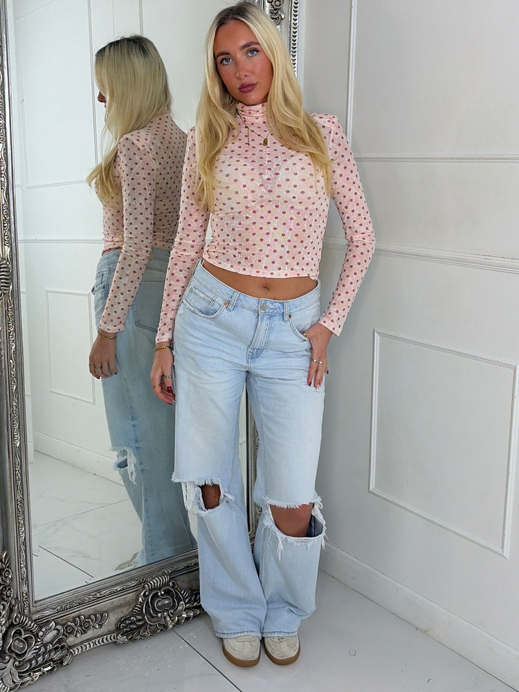 High Neck Long Sleeve Mesh Polka Dot Top - Pink
