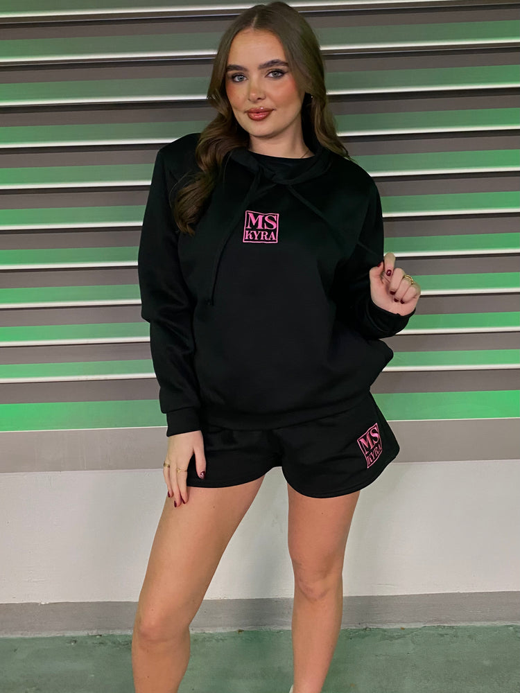 Miskyra Embroidered Hoodie & Shorts Set - Black