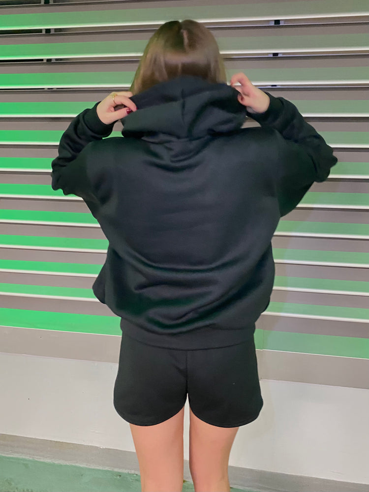 Miskyra Embroidered Hoodie & Shorts Set - Black