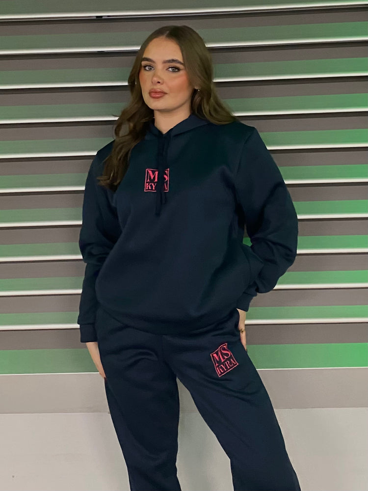 Miskyra Embroidered Hoodie & Jogger Set - Navy