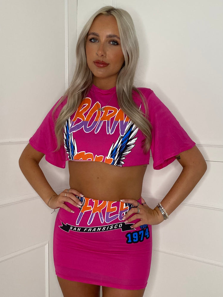 Cropped T-Shirt Co-ord - Hot Pink Born Free Print