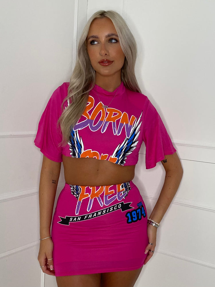 Cropped T-Shirt Co-ord - Hot Pink Born Free Print