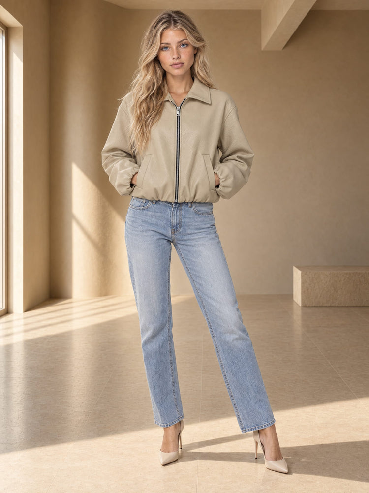PU Collared Oversized Jacket - Cream