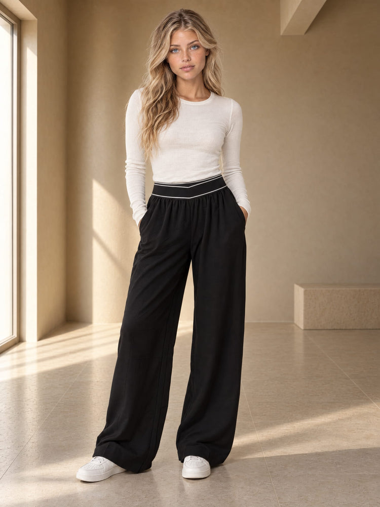 Waist Band Contrast Detail Wide Leg Pants - Black