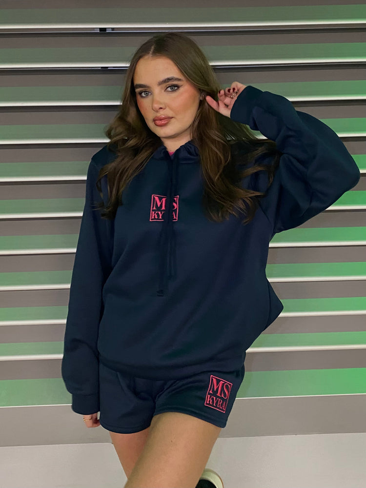 Miskyra Embroidered Hoodie & Shorts Set - Navy