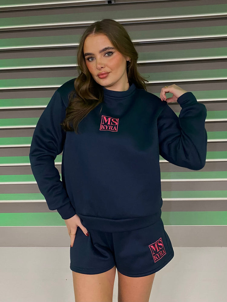 Miskyra Embroidered Sweatshirt & Shorts Set - Navy
