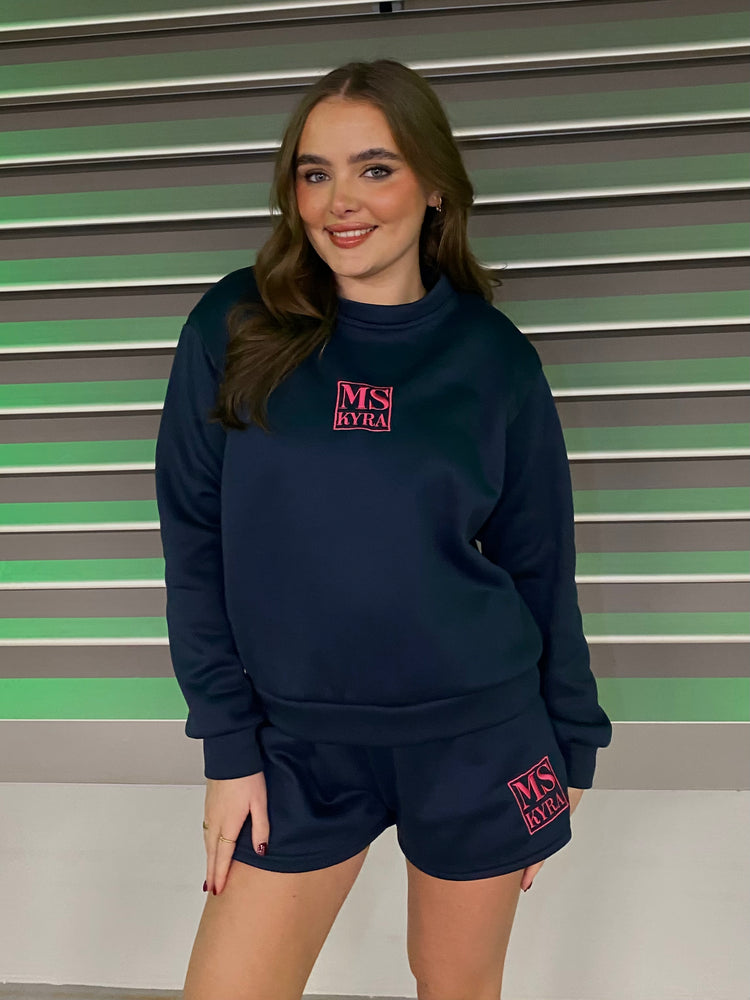 Miskyra Embroidered Sweatshirt & Shorts Set - Navy