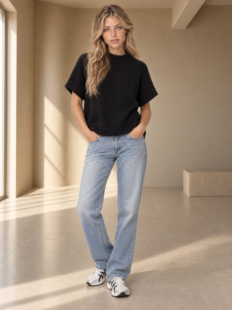 Thick Collar Baggy Short Sleeve Jumper - Black