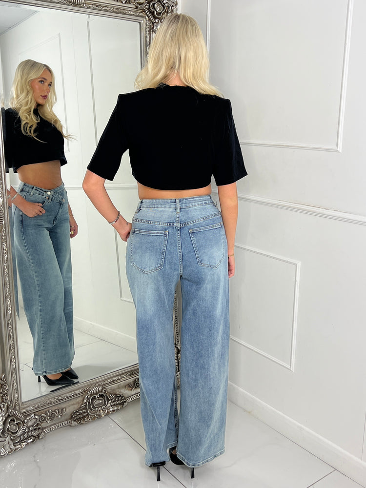 Asymmetric Waistband Wide Leg Denim Jeans - Mid Wash