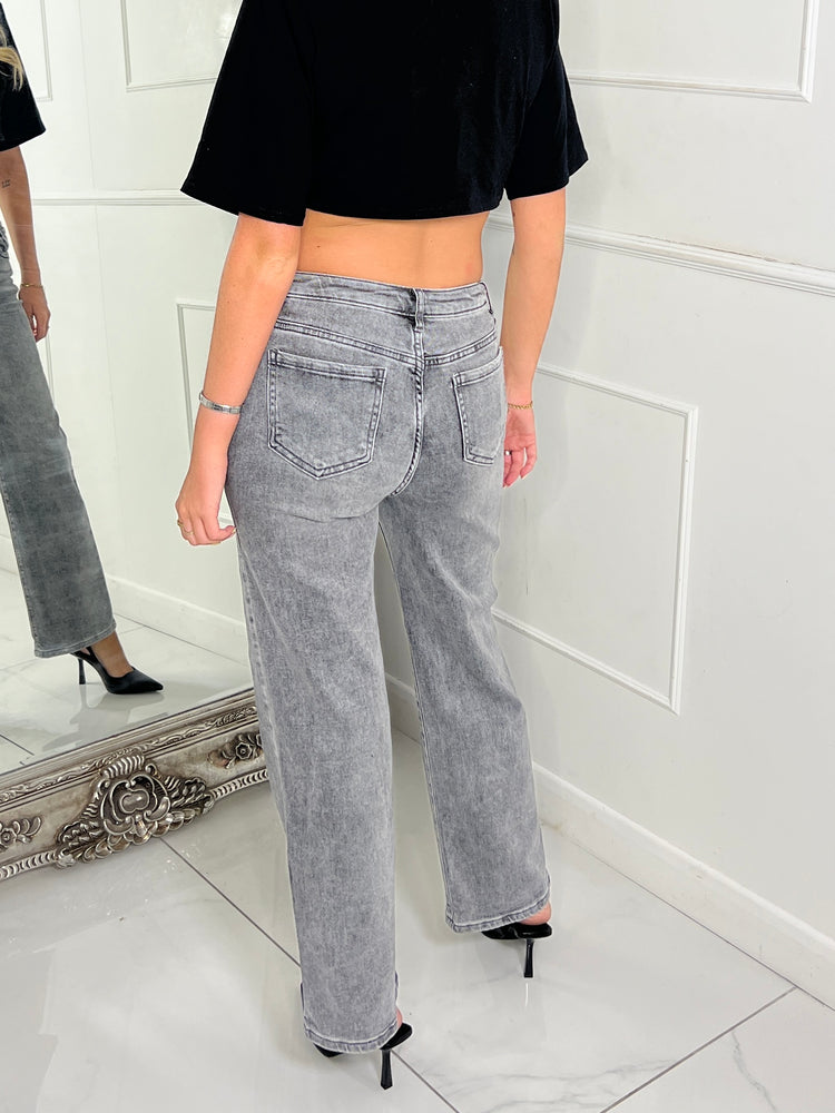 Plain Wide Leg Jeans - Light Grey