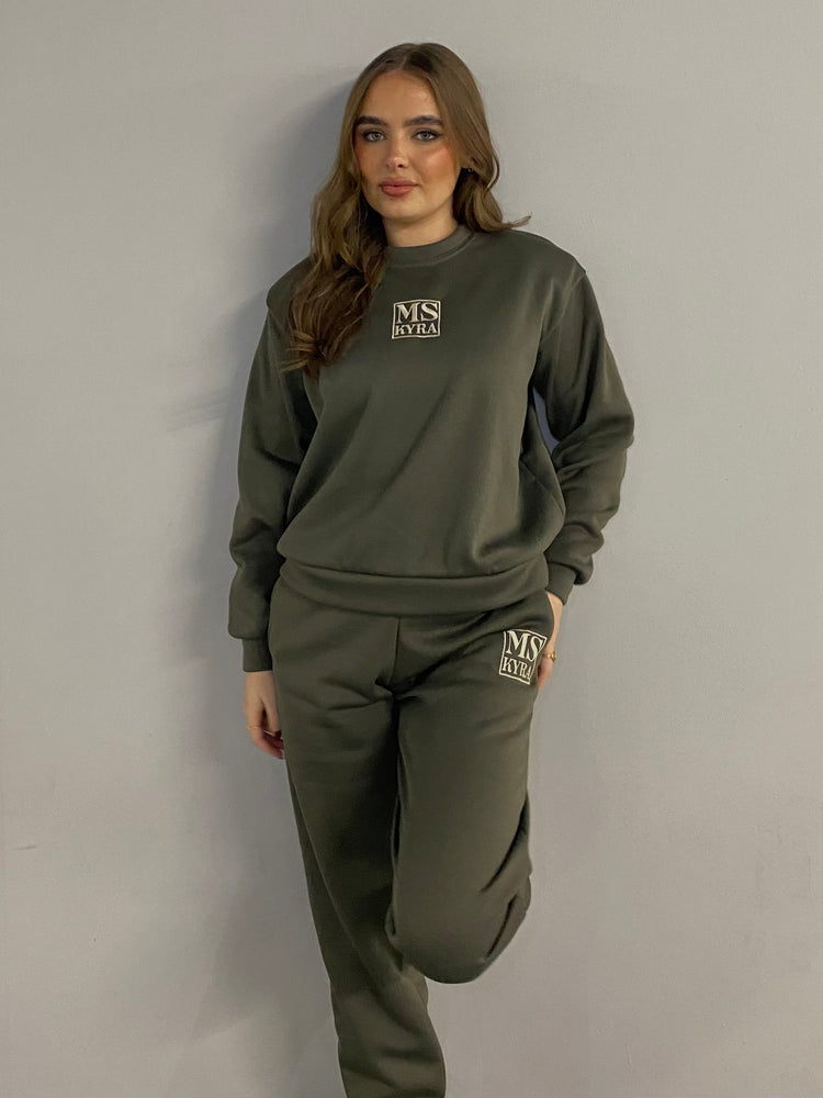 Miskyra Embroidered Sweatshirt & Jogger Set - Khaki