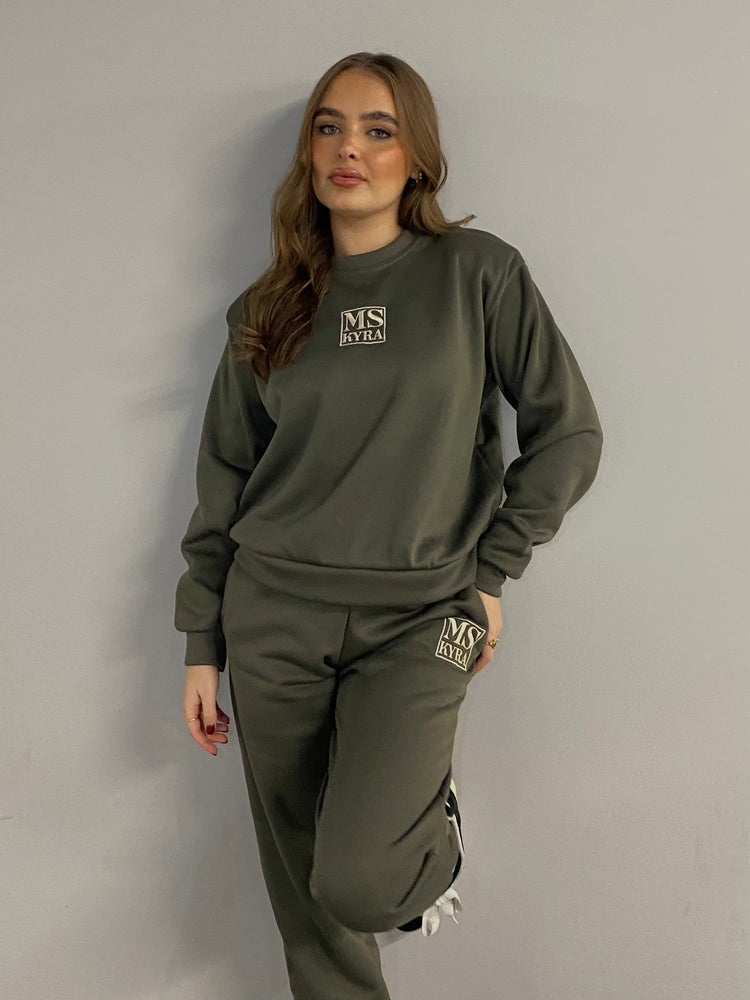 Miskyra Embroidered Sweatshirt & Jogger Set - Khaki