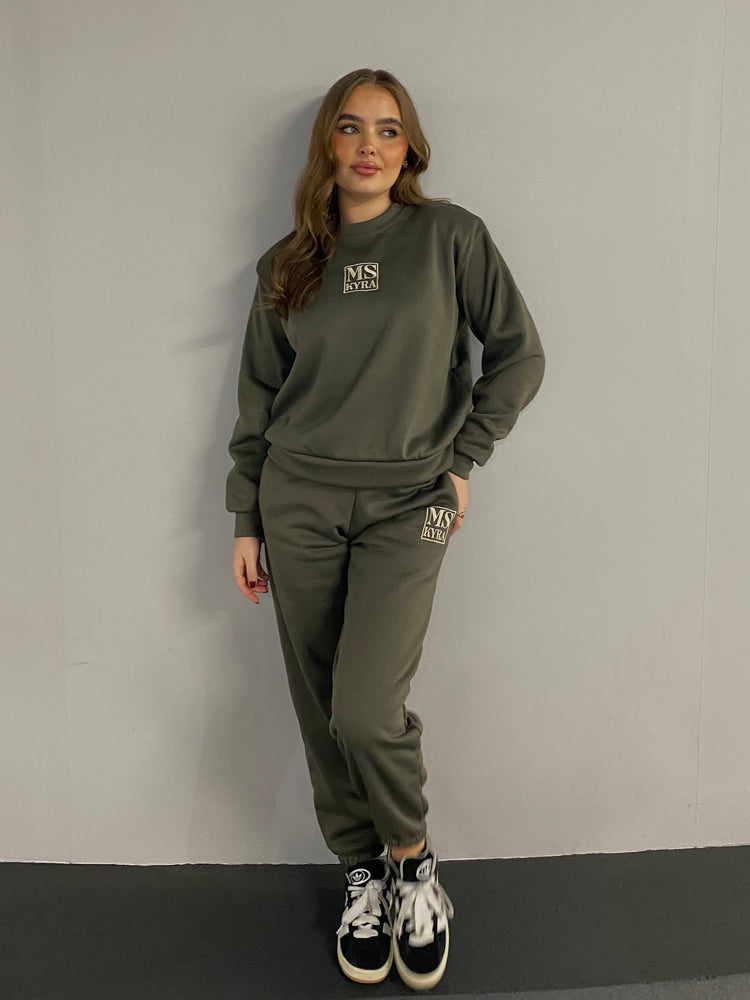 Miskyra Embroidered Sweatshirt & Jogger Set - Khaki