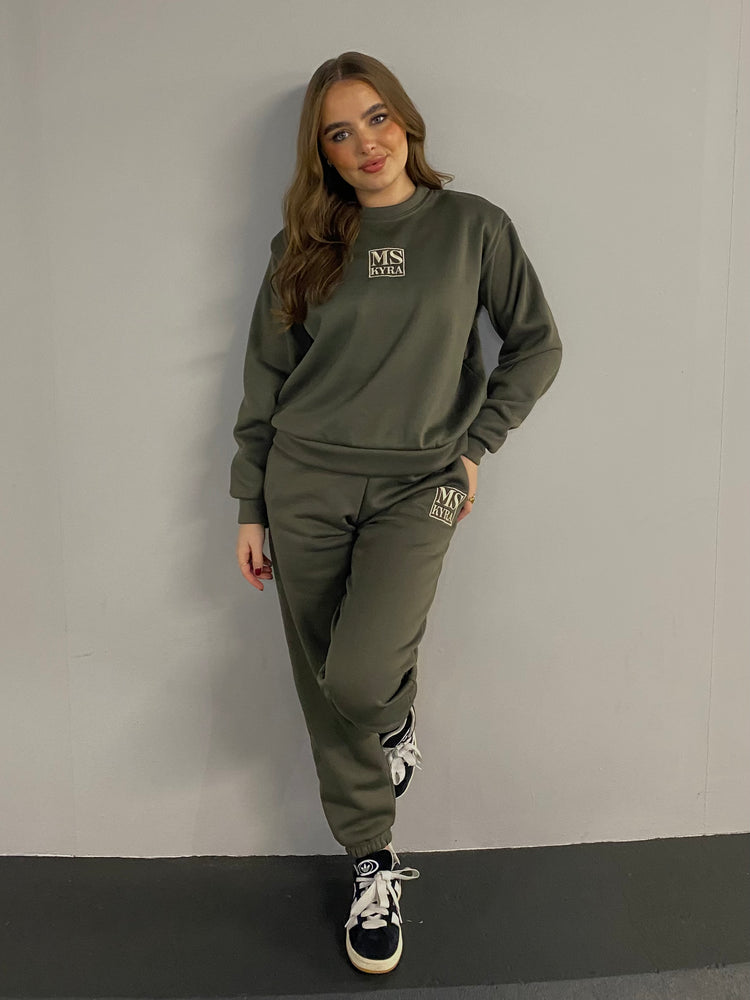 Miskyra Embroidered Sweatshirt & Jogger Set - Khaki