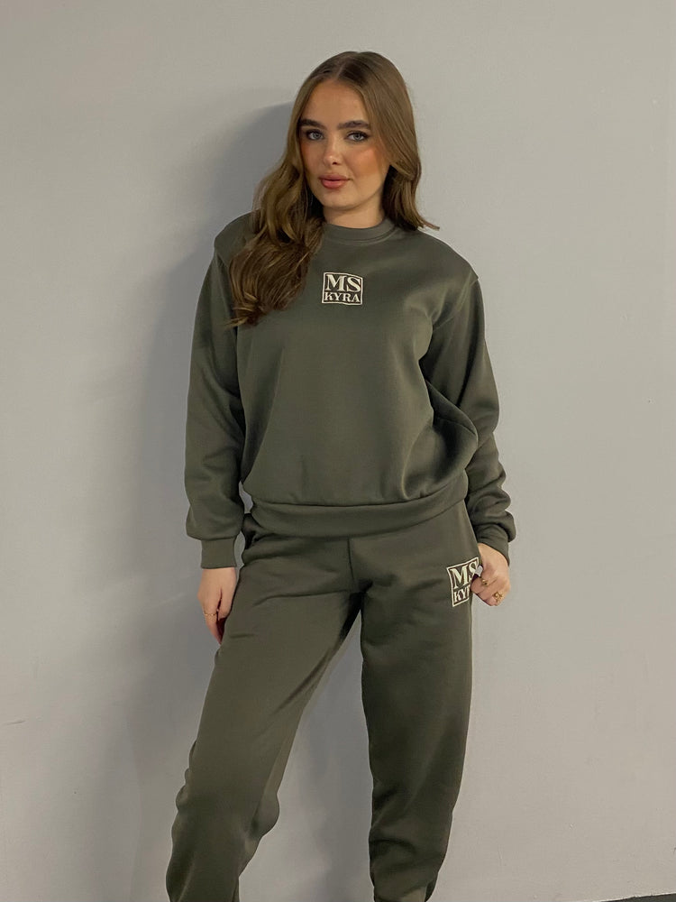Miskyra Embroidered Sweatshirt & Jogger Set - Khaki