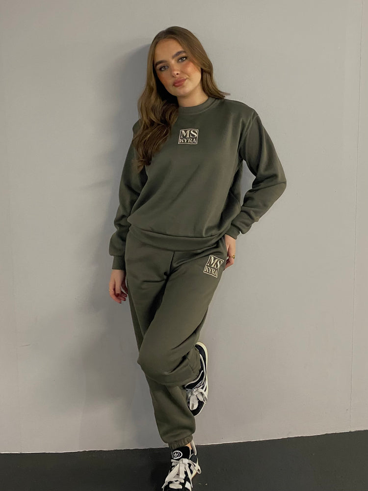 Miskyra Embroidered Sweatshirt & Jogger Set - Khaki