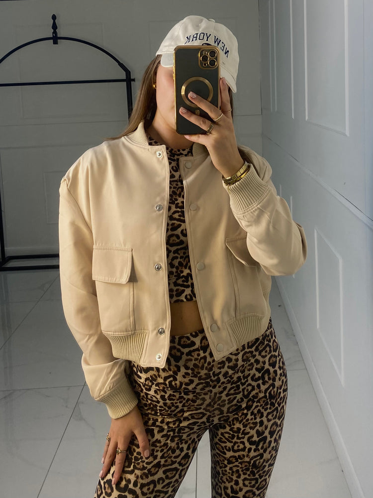 Cropped Pocket Detail Bomber Jacket - Beige