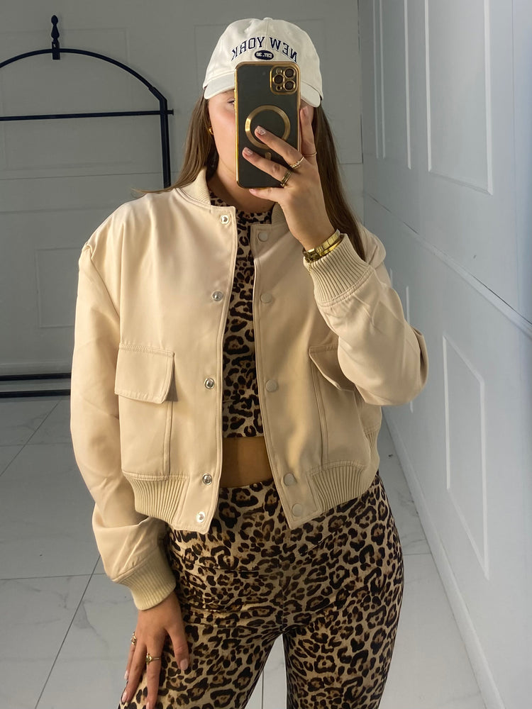 Cropped Pocket Detail Bomber Jacket - Beige