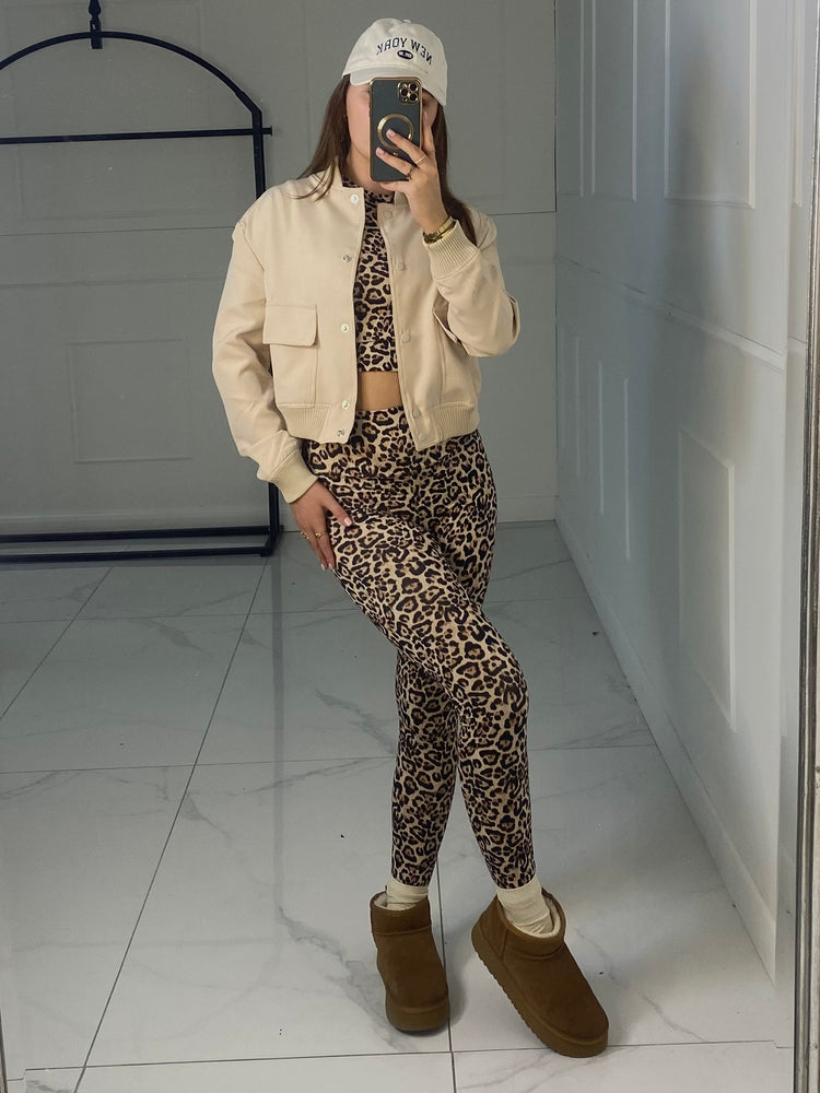 Cropped Pocket Detail Bomber Jacket - Beige