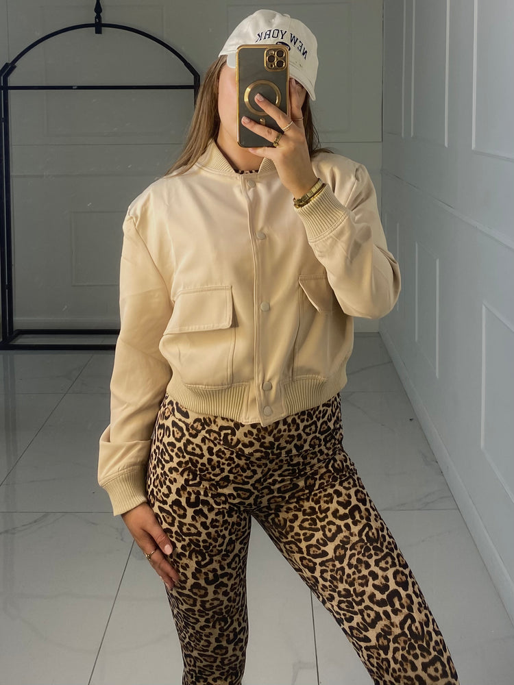 Cropped Pocket Detail Bomber Jacket - Beige