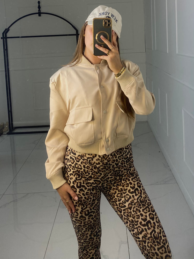 Cropped Pocket Detail Bomber Jacket - Beige