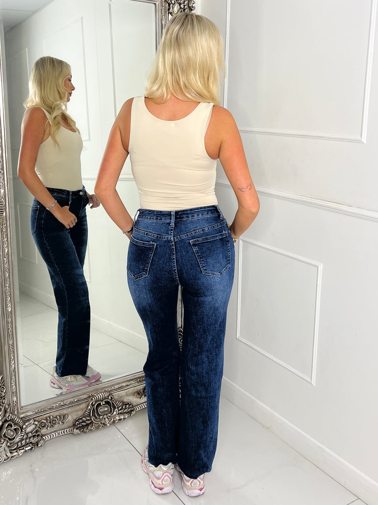 Raw Hem Wide Leg Jeans - Dark Wash