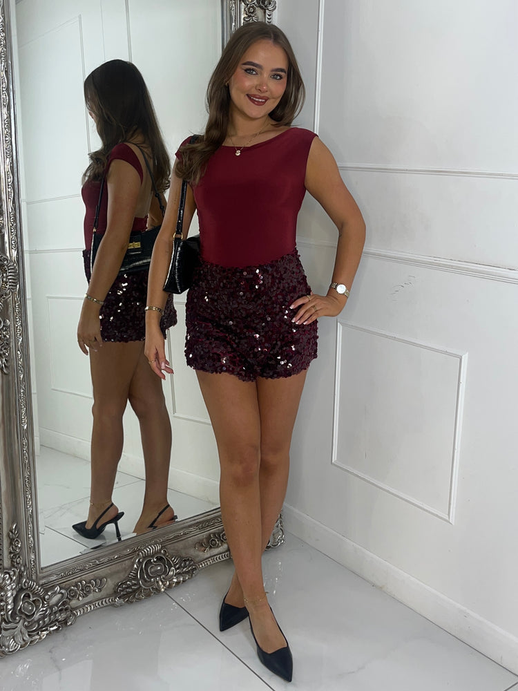 Disc Style Sequin Cross Over Skort - Wine