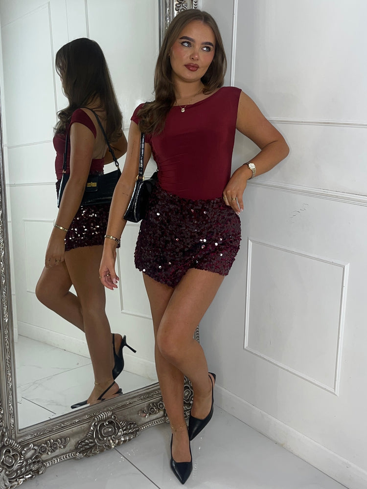 Disc Style Sequin Cross Over Skort - Wine