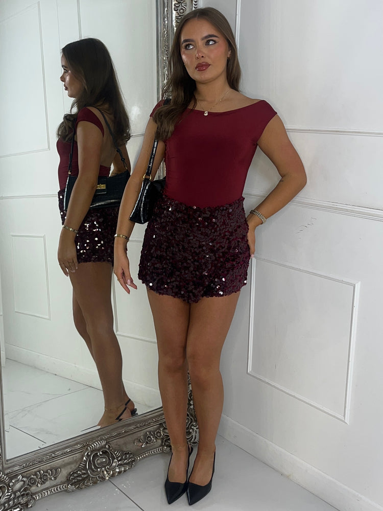 Disc Style Sequin Cross Over Skort - Wine