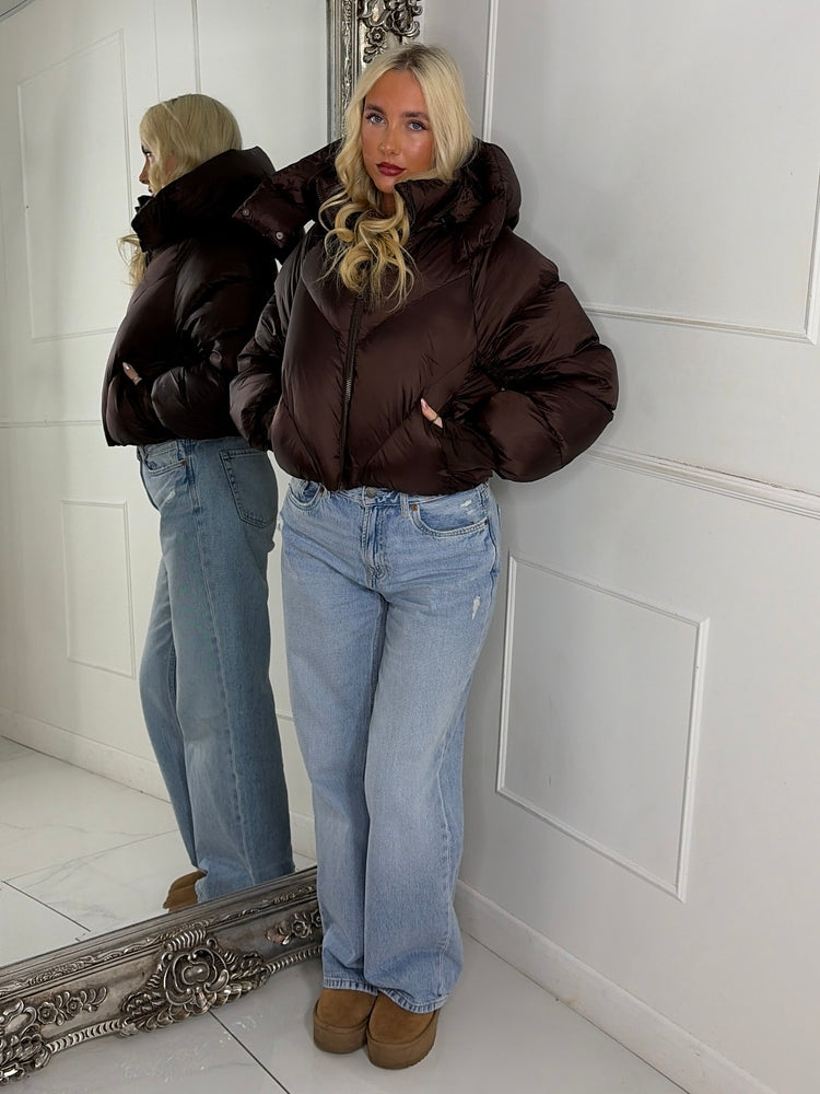 Puffer Coat With Detachable Hood - Chocolate Brown
