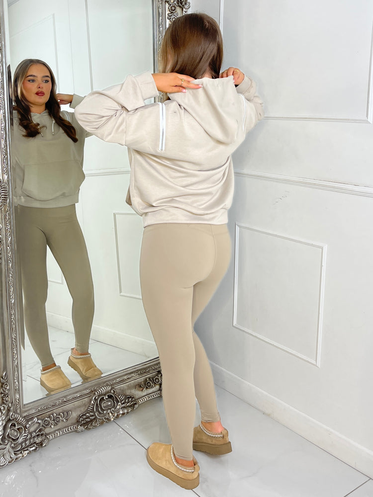 Shoulder Zip Detail Lightweight Hoodie - Beige