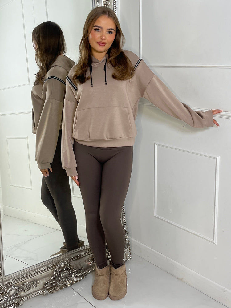 Shoulder Zip Detail Lightweight Hoodie - Taupe