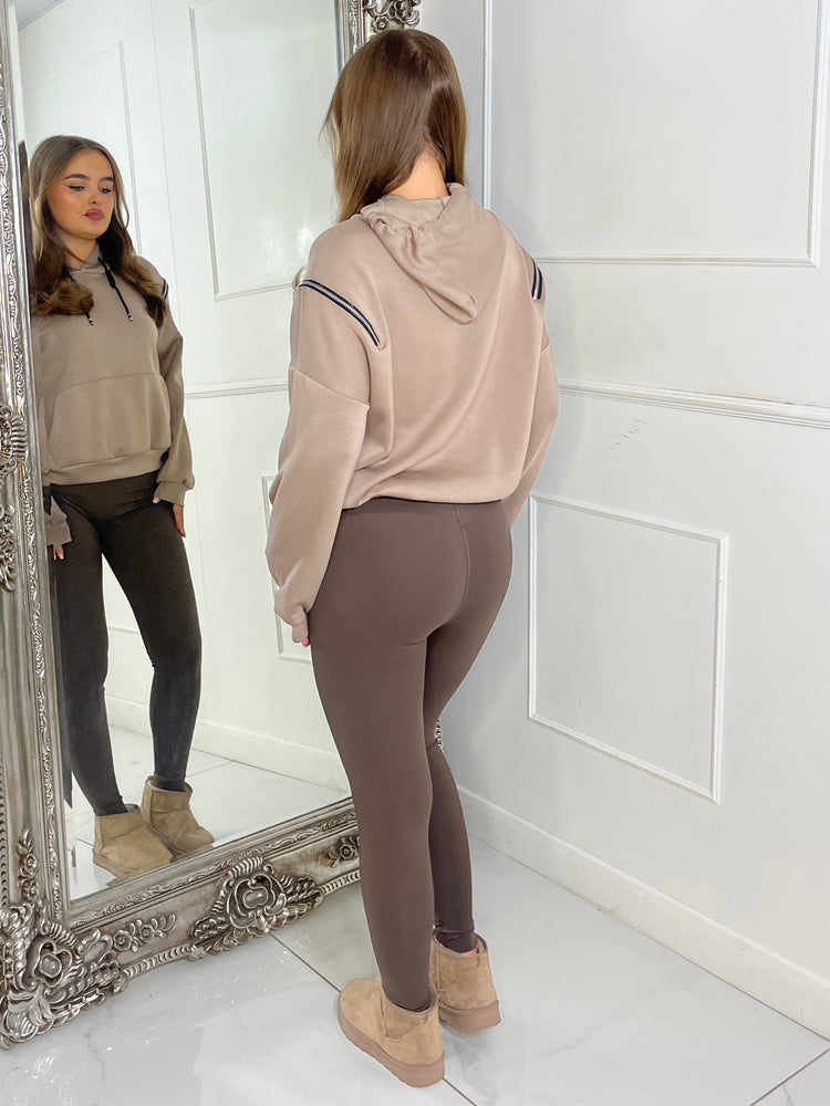 Shoulder Zip Detail Lightweight Hoodie - Taupe