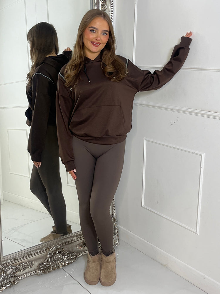 Shoulder Zip Detail Lightweight Hoodie - Brown