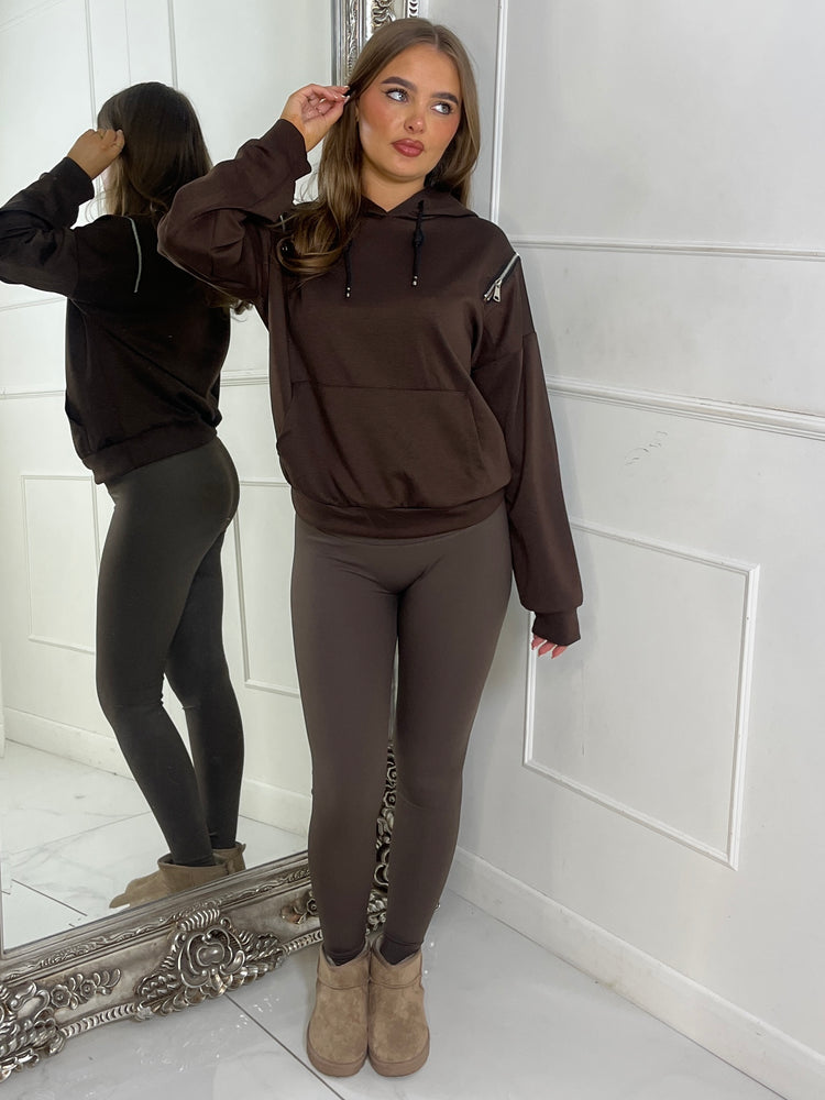 Shoulder Zip Detail Lightweight Hoodie - Brown