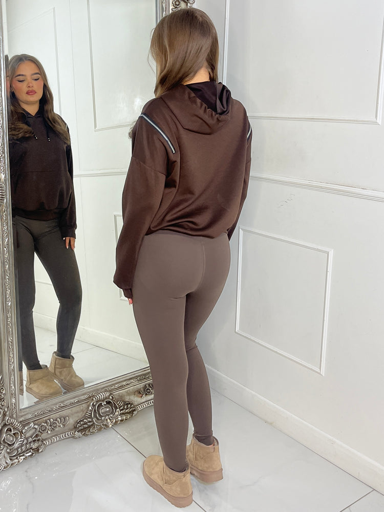 Shoulder Zip Detail Lightweight Hoodie - Brown