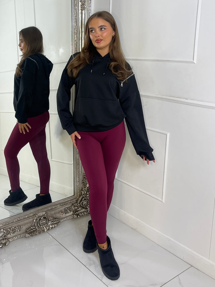 Shoulder Zip Detail Lightweight Hoodie - Black