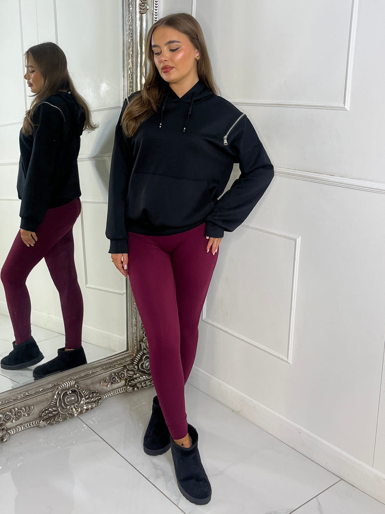 Shoulder Zip Detail Lightweight Hoodie - Black