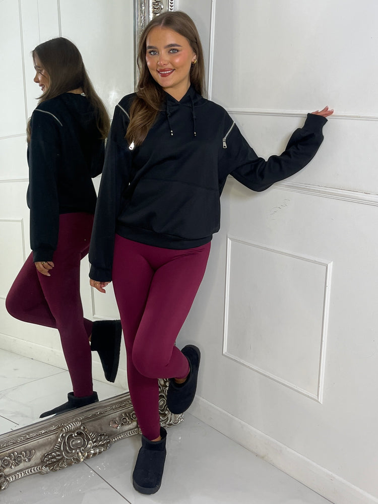 Shoulder Zip Detail Lightweight Hoodie - Black