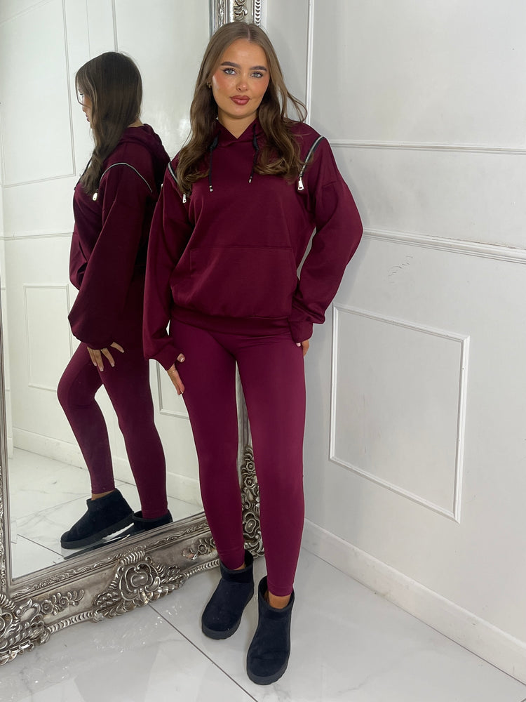 Shoulder Zip Detail Lightweight Hoodie - Wine