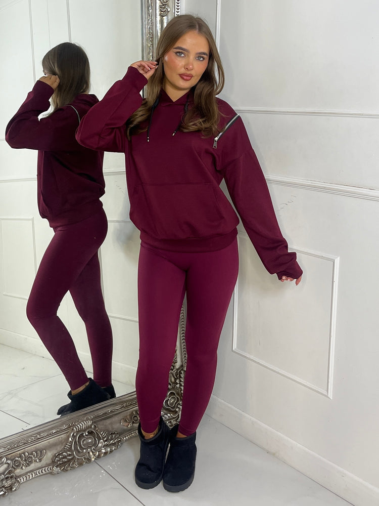 Shoulder Zip Detail Lightweight Hoodie - Wine
