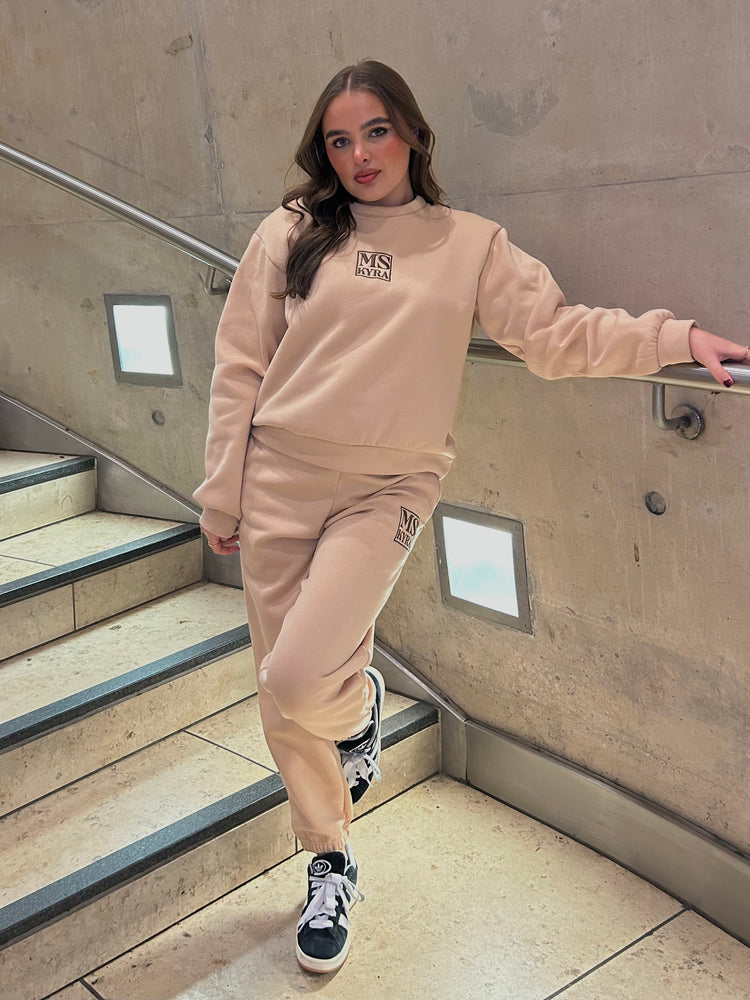 Miskyra Embroidered Sweatshirt & Jogger Set - Stone