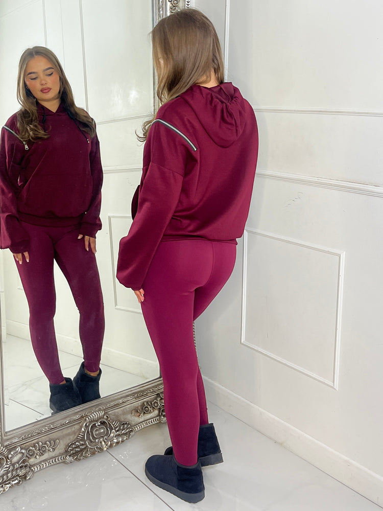 Shoulder Zip Detail Lightweight Hoodie - Wine