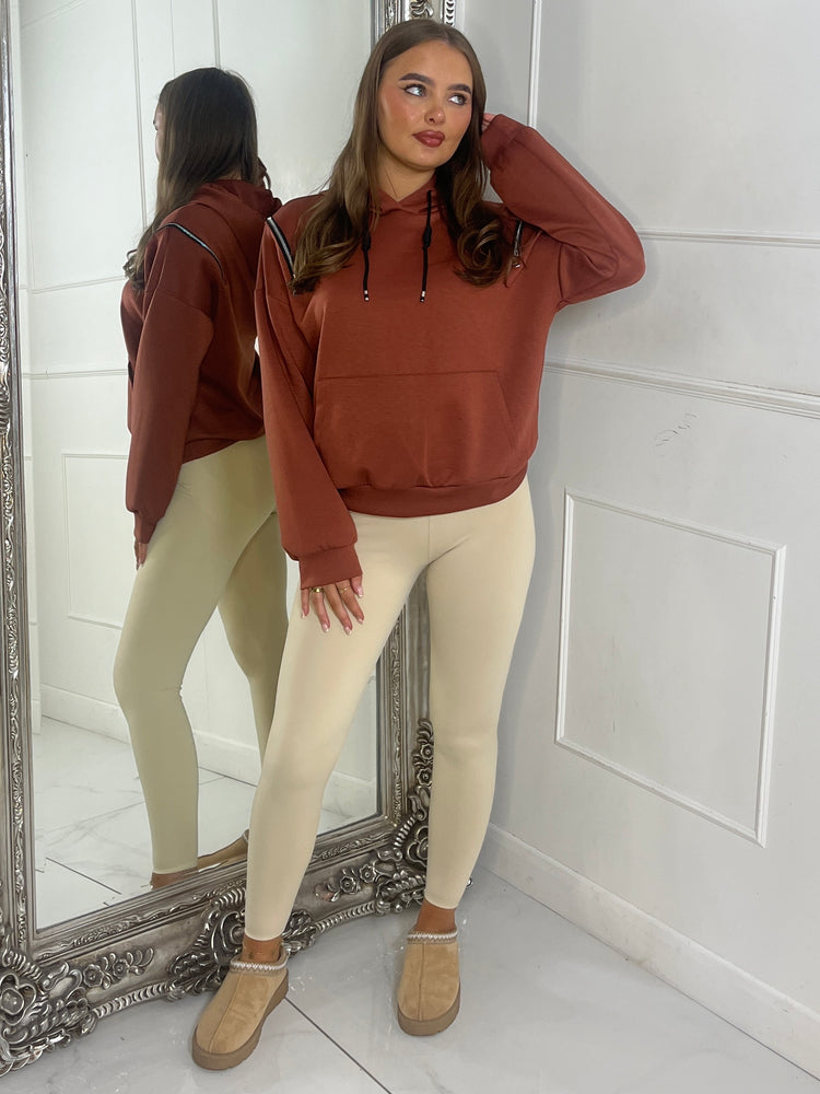 Shoulder Zip Detail Lightweight Hoodie - Rust
