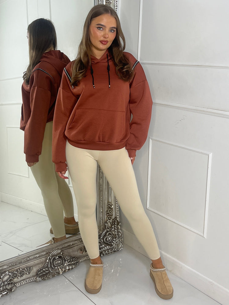 Shoulder Zip Detail Lightweight Hoodie - Rust