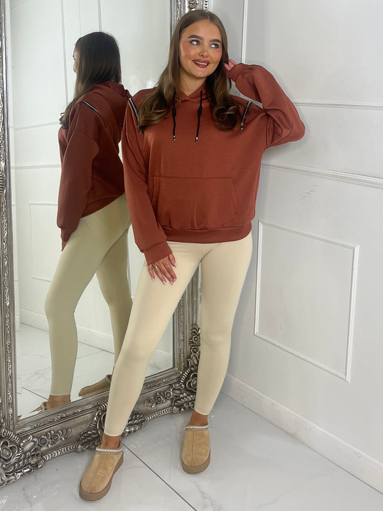 Shoulder Zip Detail Lightweight Hoodie - Rust