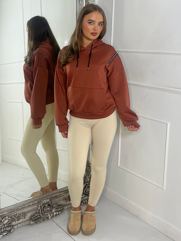 Shoulder Zip Detail Lightweight Hoodie - Rust