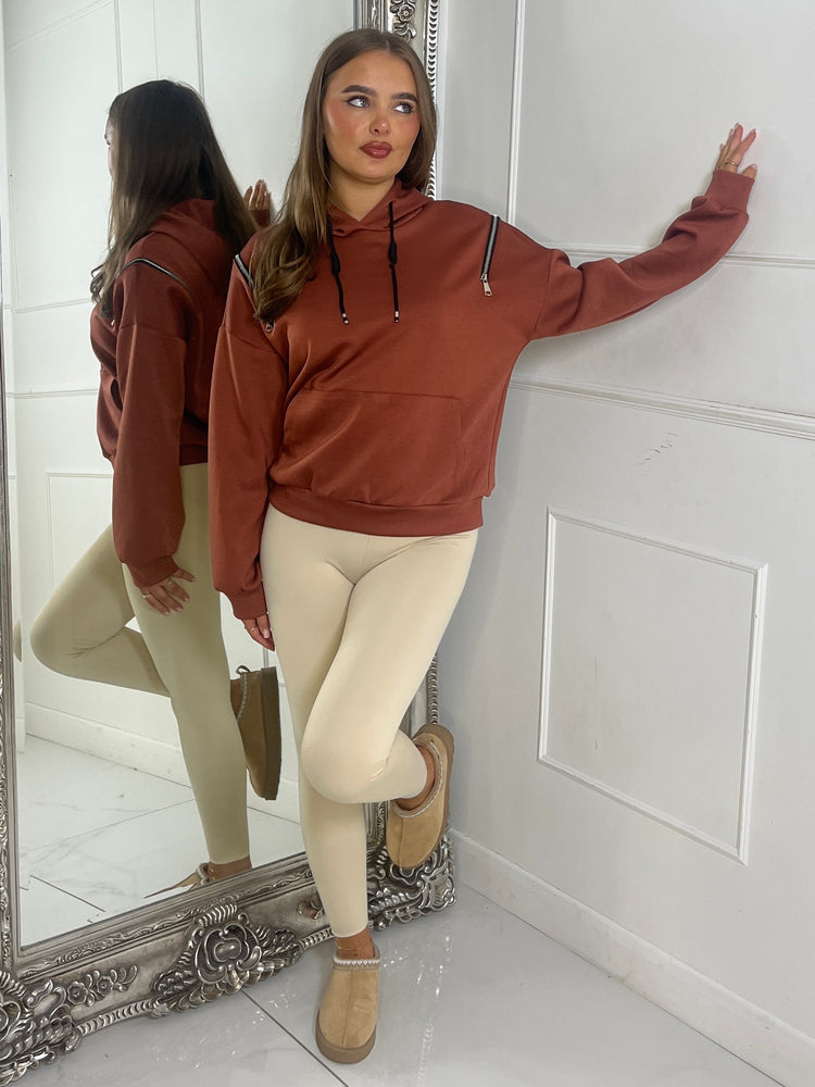 Shoulder Zip Detail Lightweight Hoodie - Rust